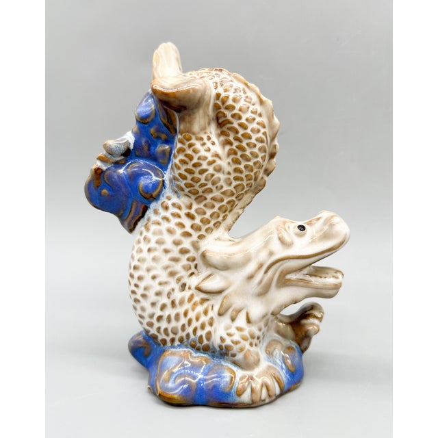 Pair of Vintage Ceramic Asian Style Dragons on Cobalt Blue Waves – Sculptural Figurines - Chinoiserie, Mid Century Modern Eclectic, Hollywood Regency For Sale - Image 10 of 13