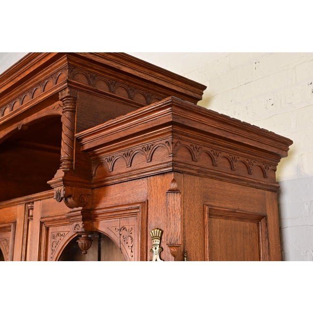 Herter Brothers Style Antique Victorian Carved Oak Breakfront Bookcase Cabinet, Circa 1880s For Sale - Image 11 of 15