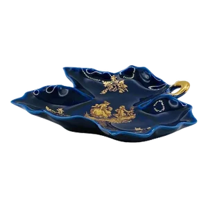Vintage Fm Limoges France Cobalt & Gold Leaf Shaped Trinket Dish Catchall