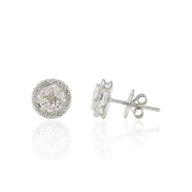 Art Deco 18k Gold Natural Diamond Halo Cluster Wedding Stud Earrings- 2 Pieces For Sale - Image 3 of 8