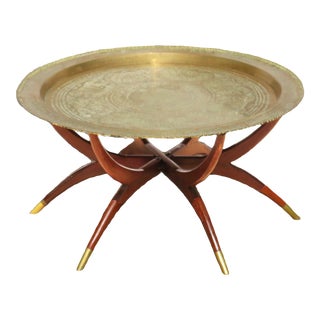 Mid-Century Modern Wood & Brass Tray Coffee Table With Folding Spider Leg Base For Sale