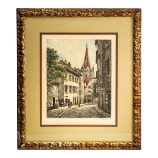 Wonderful European Street Scene Switzerland Vintage Hand Colored Etching Framed Home Wall Decor Art For Sale