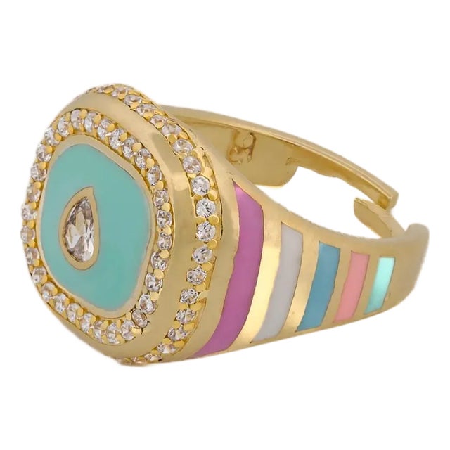 Pastel Colors Diamond & Gold Spring Statement Ring, Size 8 For Sale