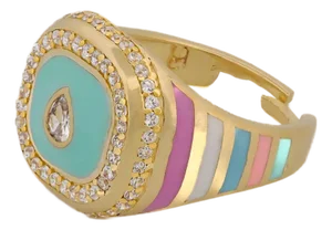 Pastel Colors Diamond & Gold Spring Statement Ring, Size 8