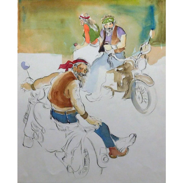 "Bikers" by William Papas Hand Signed and Numbered by the artist Hand Colored Drypoint Etching Hand signed, painted by the...