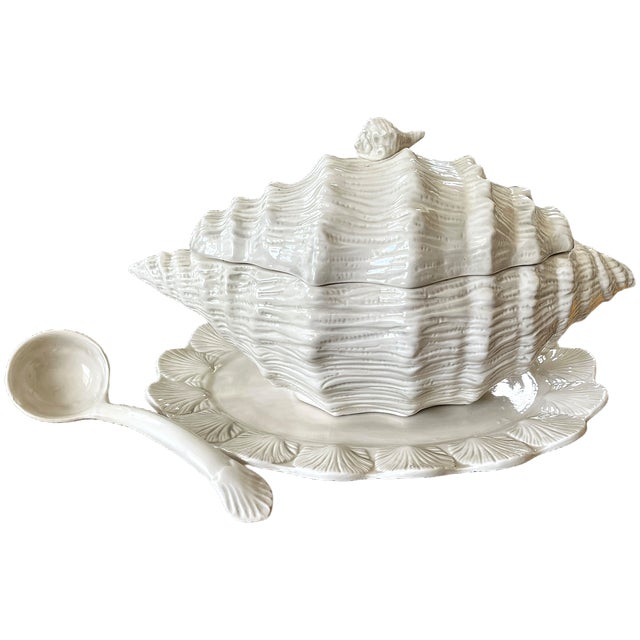 Italian Vintage White Ceramic Conch Shell Soup Tureen With Underplate & Ladle - Set of 3 For Sale - Image 3 of 12