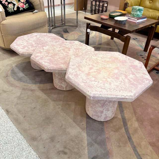 Wood Vintage Set of 3 Pale Pink Octagonal Faux Stone Nesting Tables For Sale - Image 7 of 12