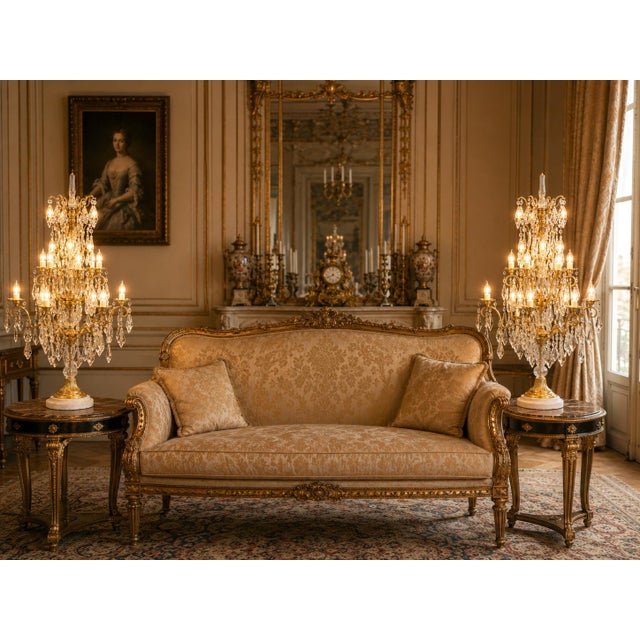 1990 French Louis XVI Gold Bronze Crystal Candelabra Table Lamp For Sale - Image 6 of 16