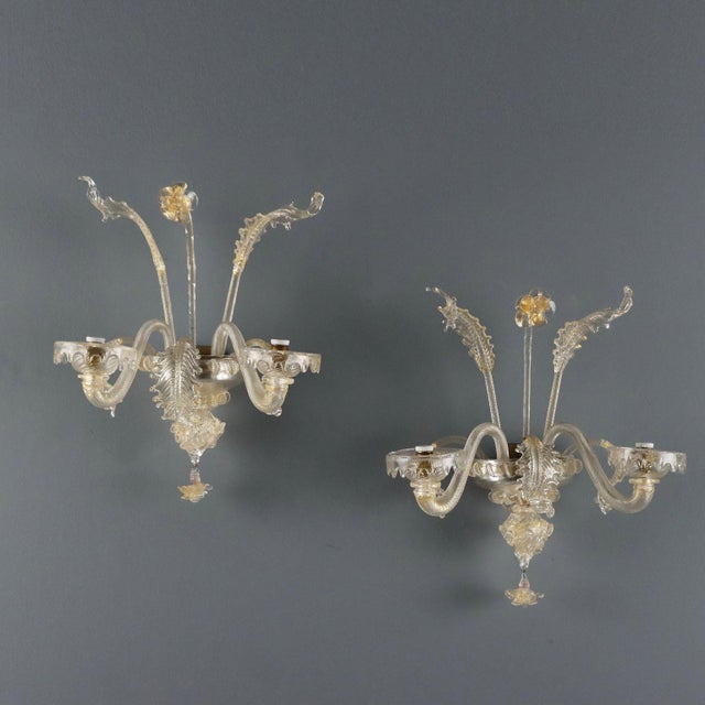 Venetian Blown Glass Wall Lights with Gold Shades, Set of 2 For Sale - Image 10 of 10