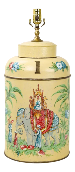 Vintage Tole Tea Caddy Lamp With Elephant Rider "No.1"