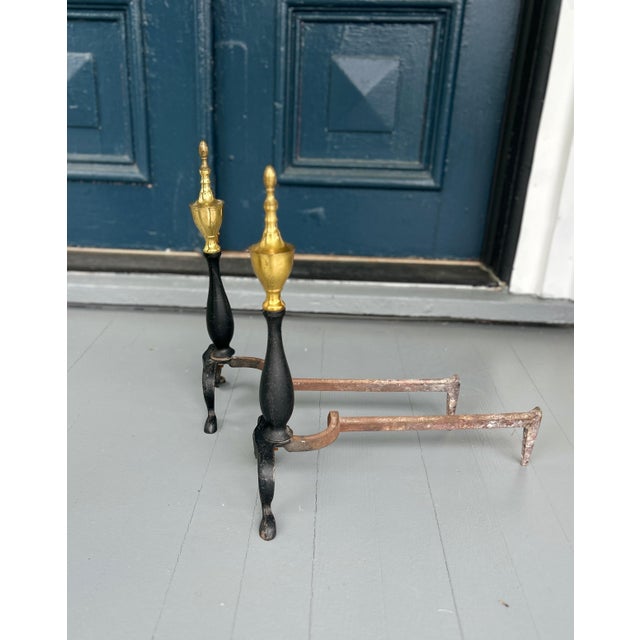 Traditional Federal Style Antique Andirons | Brass Urn Finials & Black Iron Fireplace Dogs | 18th–19th Century Style For Sale - Image 3 of 6