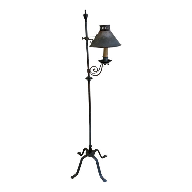 Early 20th Century Forged Iron Adjustable Colonial Floor Lamp For Sale