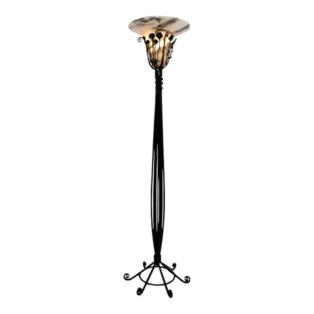 Art Deco Wrought Iron Floor Lamp with Alabaster Shade, French, circa 1920 For Sale