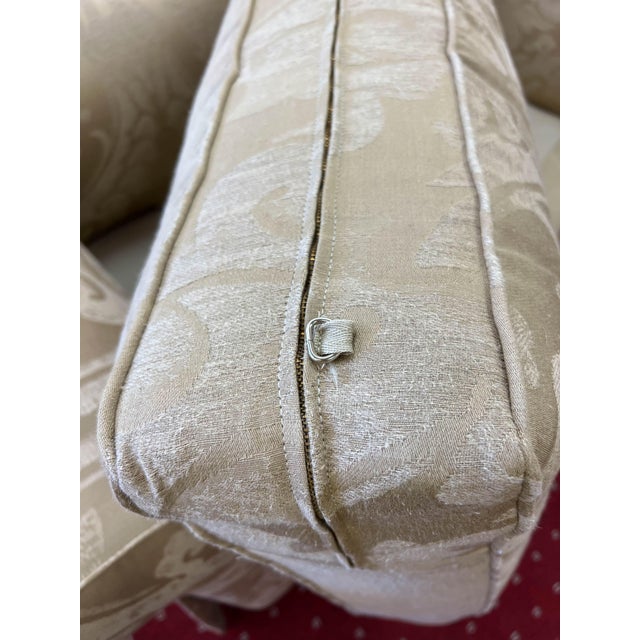 Custom English Roll Arm Bench Seat Damask Loveseat With Pleated Skirt For Sale - Image 13 of 13