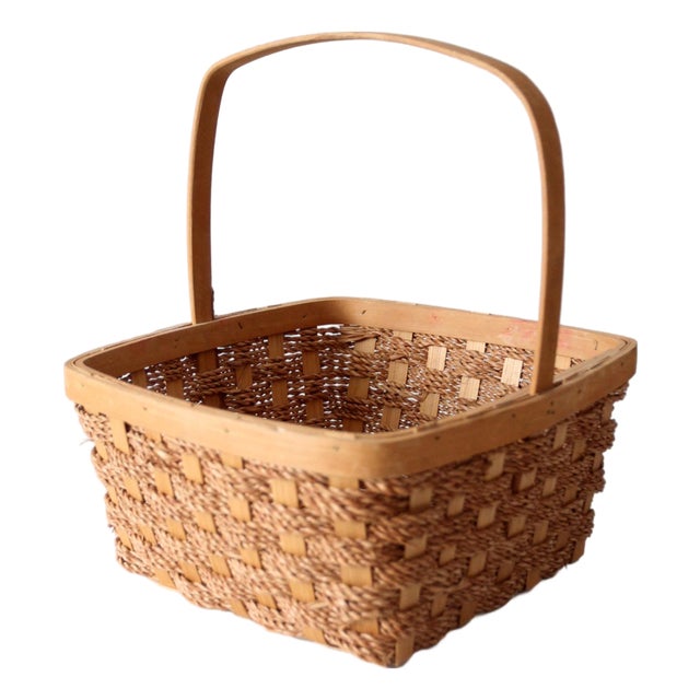 Vintage Woven Splint Market Basket With Handle For Sale