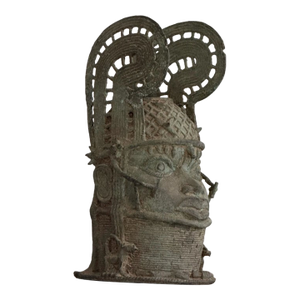 Heavy African Tribal Benin Green Bronze Head Sculpture With Detailed Animal Motifs at the Bottom 14.5" X 8"