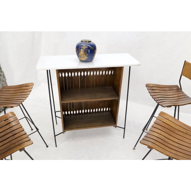 Arthur Umanoff Set of 4 Rattan Wrought Iron Bar Stools with Matching Bar For Sale - Image 12 of 13