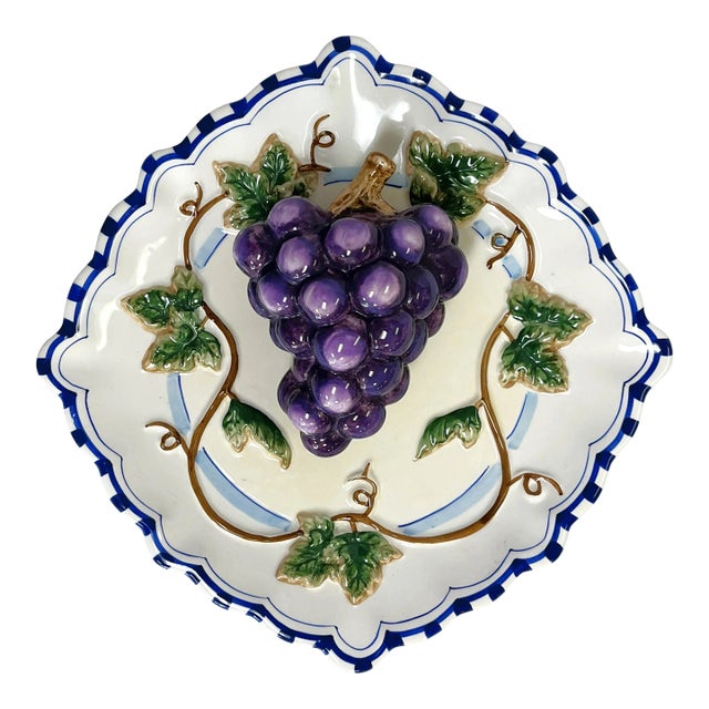 Vintage Bella Casa by Ganz Decorative Majolica Ceramic Grape Plate For Sale