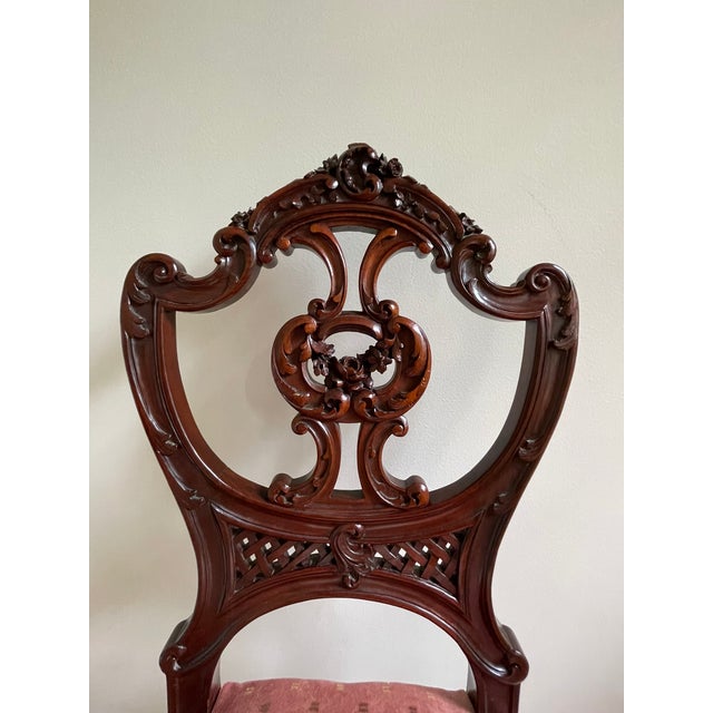 Late 19th Century Victorian Mahogany Parlor Chairs – Carved Elegance With Tapestry Charm (Pair) For Sale - Image 14 of 17