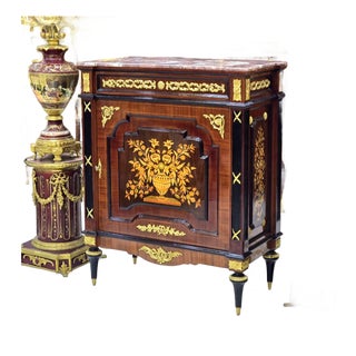 Marble-Top Cabinet With Intricate Wood Marquetry & Gold Leaf Accents For Sale