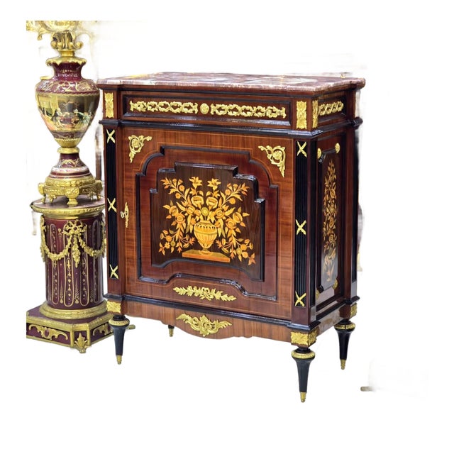 Marble-Top Cabinet With Intricate Wood Marquetry & Gold Leaf Accents For Sale