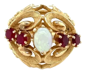 Opal & Garnet 14k Yellow Gold Large Floral Dome Ring - Size 9.5