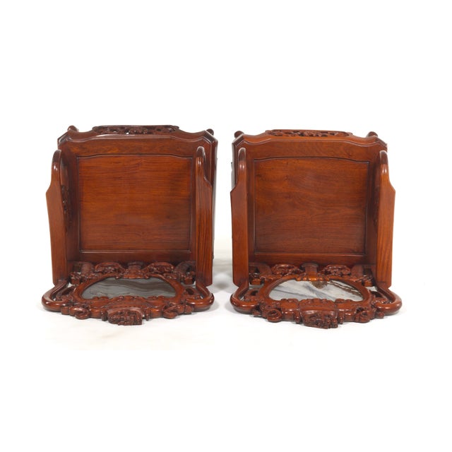 Mid 20th Century Mid 20th Century Pair of Chinese Dragon Rosewood Armchairs With Matching Dream Stone Inserts, Elaborate Carving and Handmade Needlepoint Seat Cushions For Sale - Image 5 of 18
