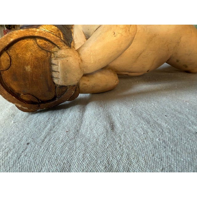 19th Century Large Polychrome Italian Wooden Carved Putto Angel For Sale - Image 10 of 14