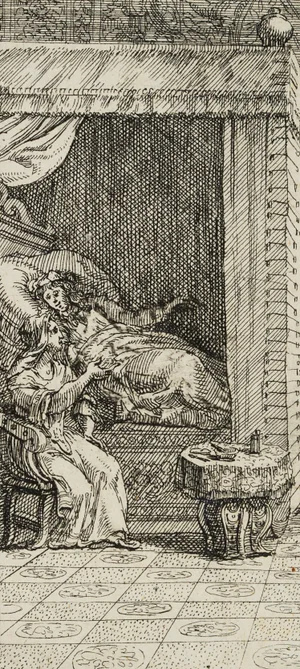 J. Meyer, Lady Sitting at the Bedside of Another, 17th-Century, Etching