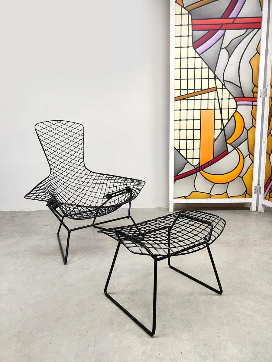 Set of Vintage Black Bird Wire Chair and Ottoman Harry Bertoia for