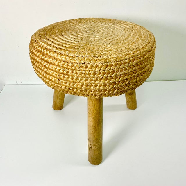 Tan Mid-Century Boho Chic Coastal Hollywood Regency Woven Jute 3-Leg Low Stool. For Sale - Image 8 of 11