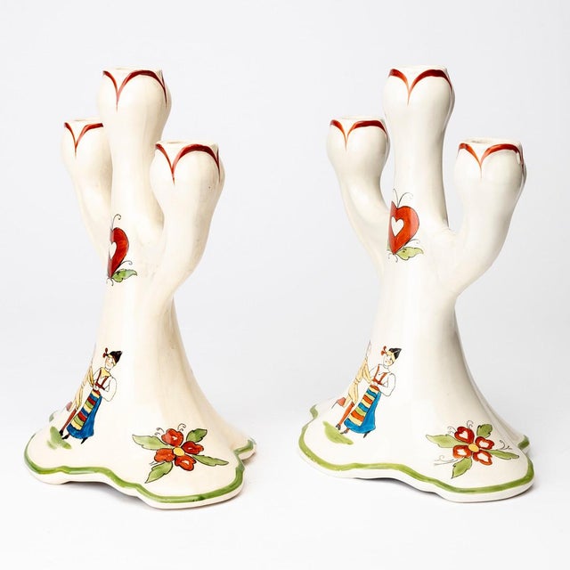 Stalhane And Nylund for Rorstrand Rörstrand Daldansen Folk Art Candelabra Pair, Swedish Mid-Century For Sale - Image 4 of 12