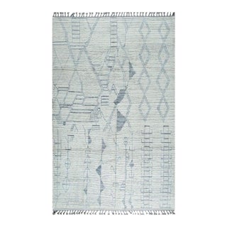 6x9 Ivory Hand-Knotted Wool Linear Motifs Tribal Modern Carpet Rug For Sale