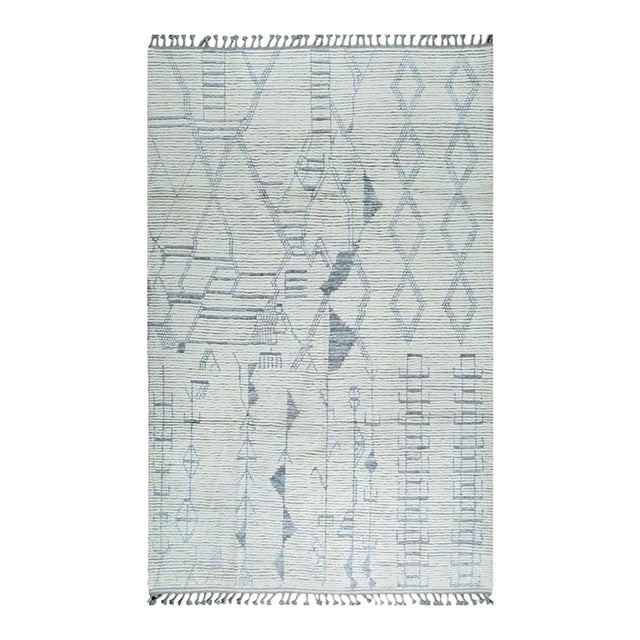 6x9 Ivory Hand-Knotted Wool Linear Motifs Tribal Modern Carpet Rug For Sale