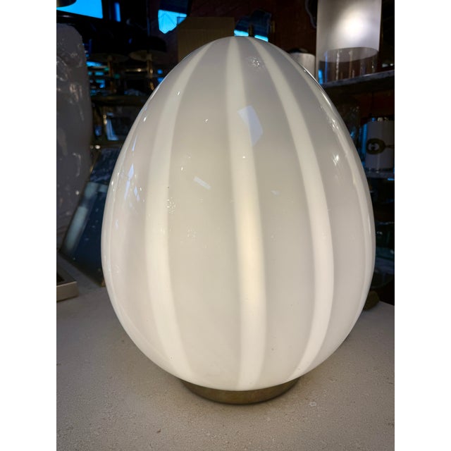 White Vintage Mazzega Murano Glass Ovoid Table Lamp – White Striped Art Glass For Sale - Image 8 of 9