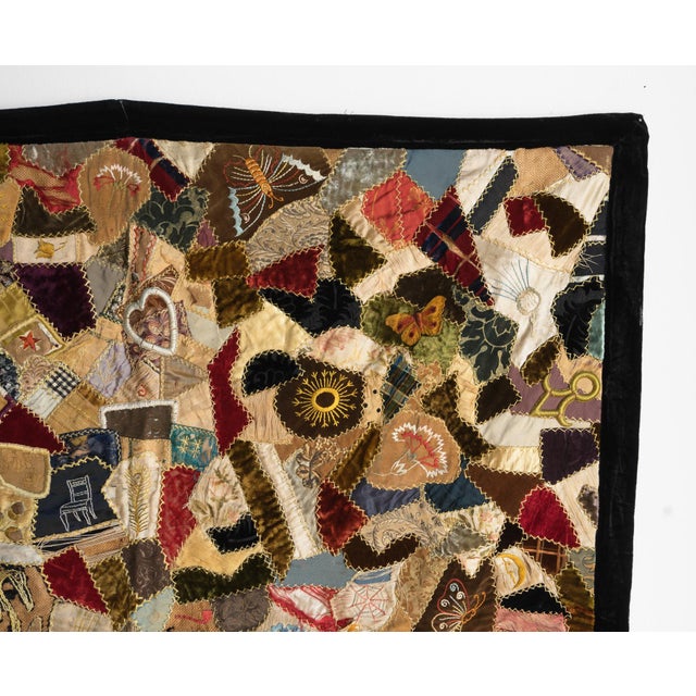 Antique Victorian Crazy Quilt, Hand Embroidered Silk and Velvet Patchwork Quilt, 19th Century For Sale - Image 16 of 18