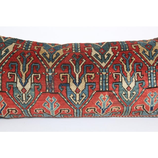 Green Handwoven Antique Caucasian Lumbar Pillow Cover – Tribal Design -16'' X 35'' For Sale - Image 8 of 9