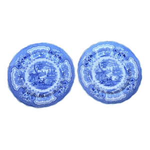 A Pair of Antique Staffordshire "Palestine" Light Blue Transfer Decorated Plates, 1830’s
