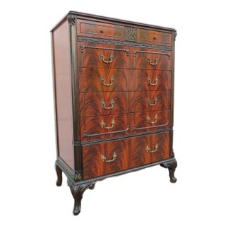 Early 1900s Carved Flame Mahogany Tall Chest of Drawers 6324 For Sale