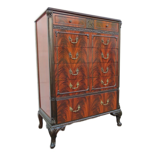 Early 1900s Carved Flame Mahogany Tall Chest of Drawers 6324 For Sale