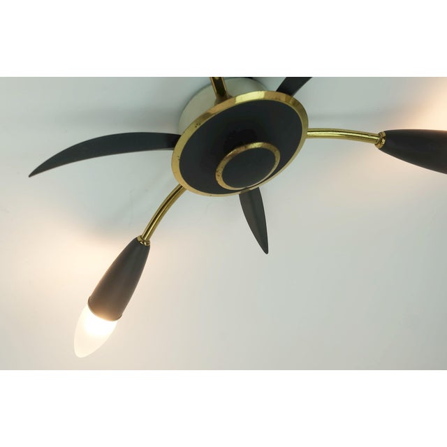 Mid-Century Modern Mid-Century Modern Sputnik Three-Light Ceiling Fixture in Brass and Dark Grey Metal, 1950s For Sale - Image 3 of 11