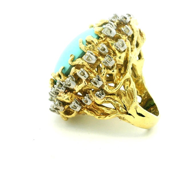 1960s 18k Gold Turquoise and Diamond Freeform Cocktail Ring, Size 7.5 For Sale - Image 10 of 17