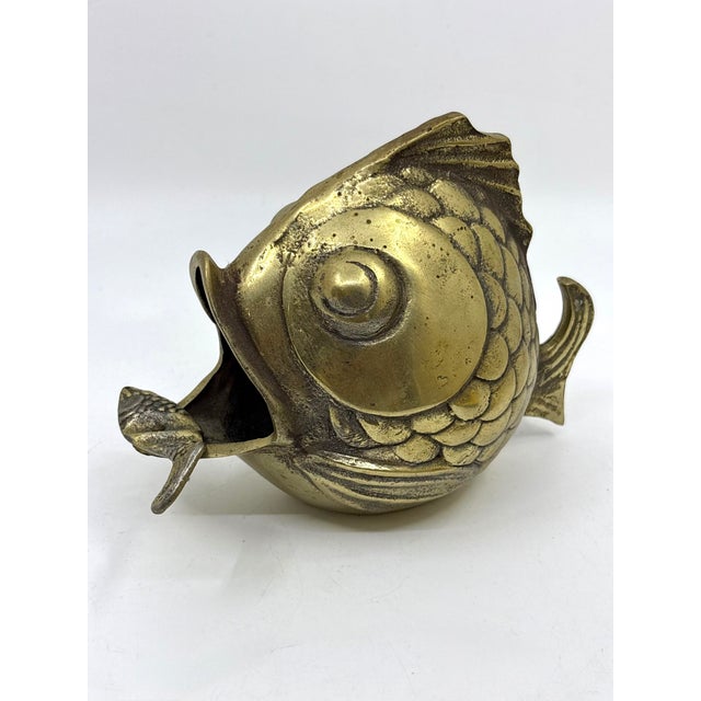 Vintage Solid Brass Happy Koi Fish Ashtray Cigar Open Mouth 1950's Soap Dish For Sale - Image 4 of 7