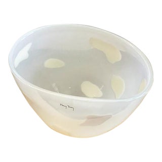 Henry Dean (Belgium) Signed Cased Art Glass Centerpiece Bowl (Translucent White With White Dots) Large, Vintage For Sale