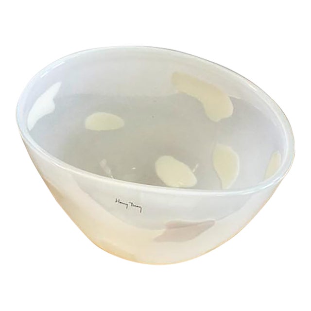 Henry Dean (Belgium) Signed Cased Art Glass Centerpiece Bowl (Translucent White With White Dots) Large, Vintage For Sale