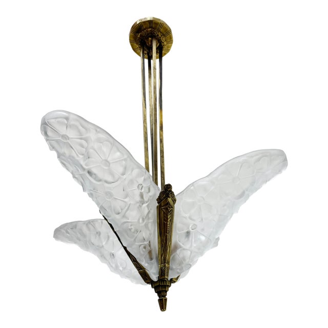French Art Deco Degue Bronze Ceiling Light With Four Signed Glass Panels, Circa 1920s For Sale