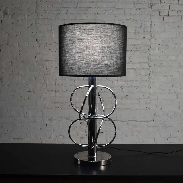 Metal Vintage Mid-Century Modern Table Lamp Polished Chrome New Black Drum Shade For Sale - Image 7 of 13
