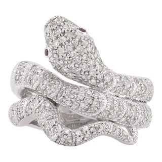 Mid 20th Century Modern Diamond Ruby 18k White Gold Snake Ring Size 6.5 For Sale