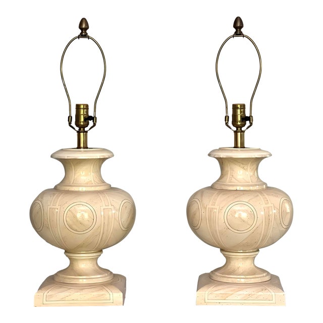 1970s Jean Roger Style Ivory White Lacquered Wood Urn Table Lamps For Sale