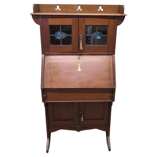 Brown Arts & Crafts Golden Oak and Stained Glass Students Secretaire, 1880 For Sale - Image 8 of 8
